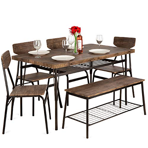 Best Choice Products 6 件套 55 英寸木制现代餐桌套装，适合家庭、厨房、餐厅，带储物架、长方形桌子、长凳、4 把椅子、钢架 - 棕色