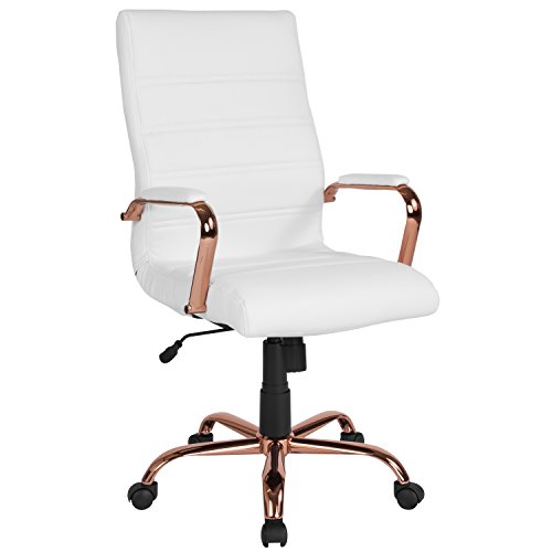 Flash Furniture 高背办公桌椅 - 白色皮革软行政旋转办公椅带玫瑰金框架 - 旋转扶手椅