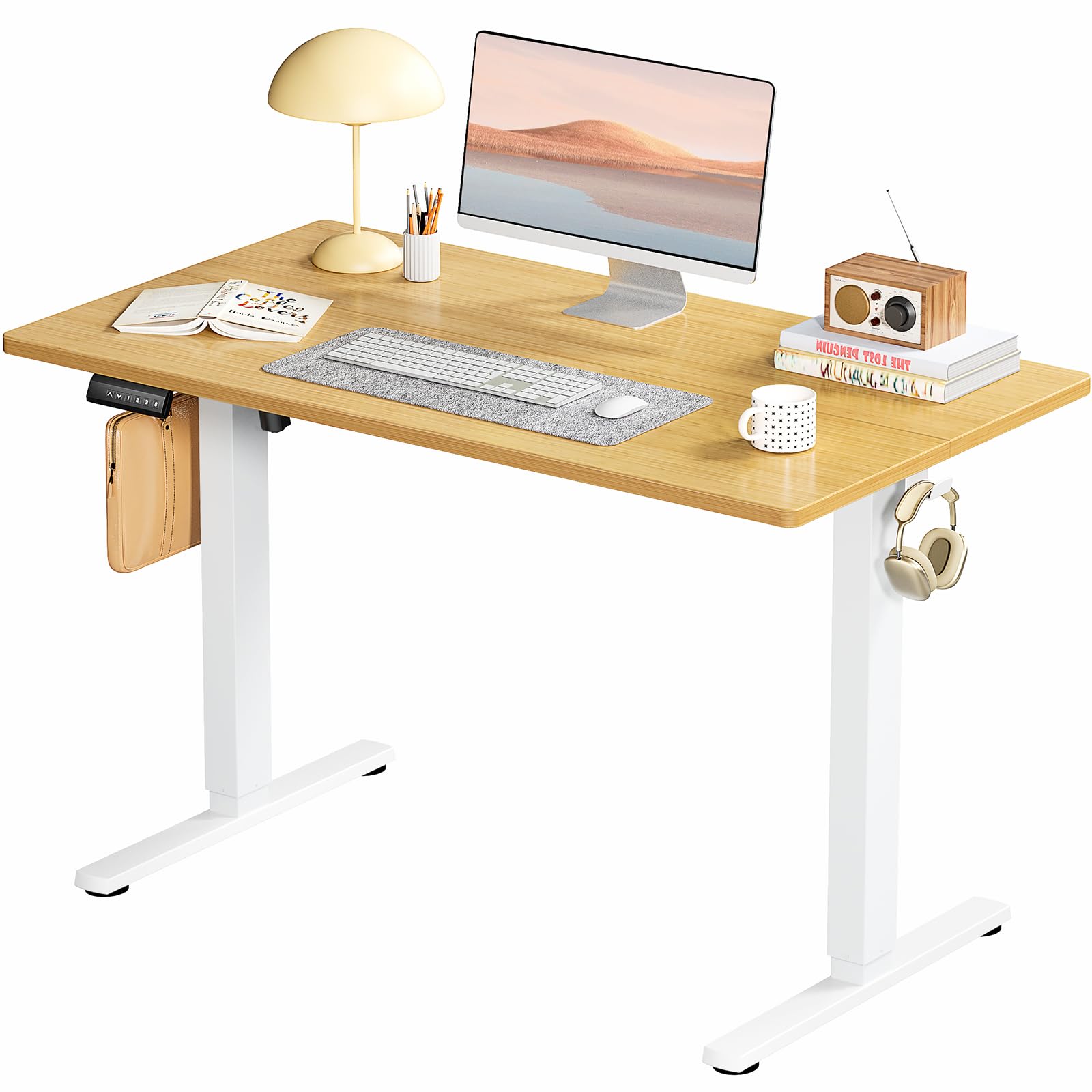 SMUG 电动站立式办公桌，站立式办公桌可调节高度，40 x 24 英寸人体工学可调节办公桌站立式办公桌带内存预设，坐立式办公桌家庭办公电脑桌，自然色