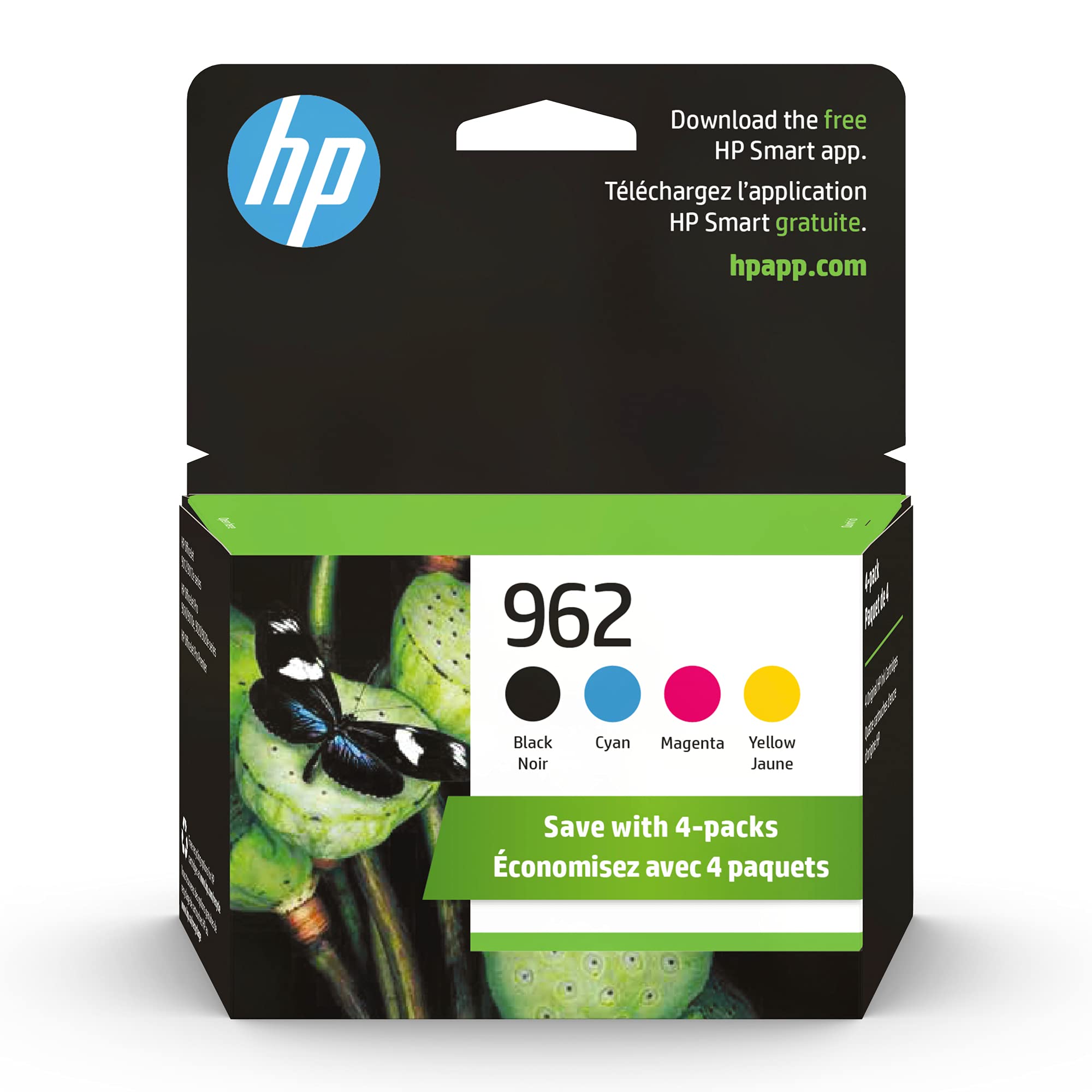 HP 原装 962 黑色、青色、品红色、黄色墨盒（4 件装）|适用于 OfficeJet 9010 系列、Of...