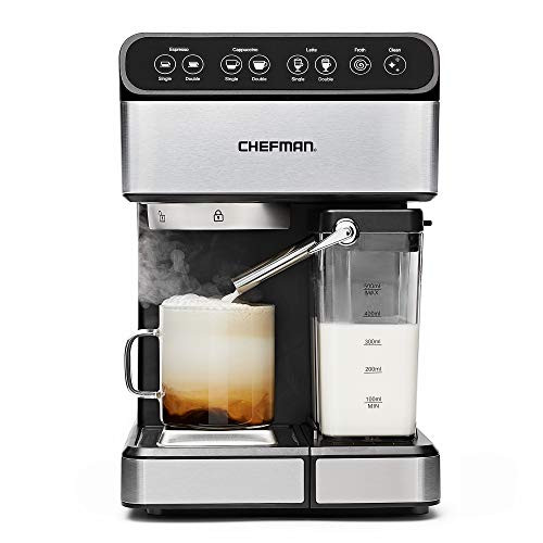 Chefman 6 合 1 浓缩咖啡机，强大的 15 杆泵，单次或双次冲泡，用于卡布奇诺和拿铁咖啡的内置奶泡，...