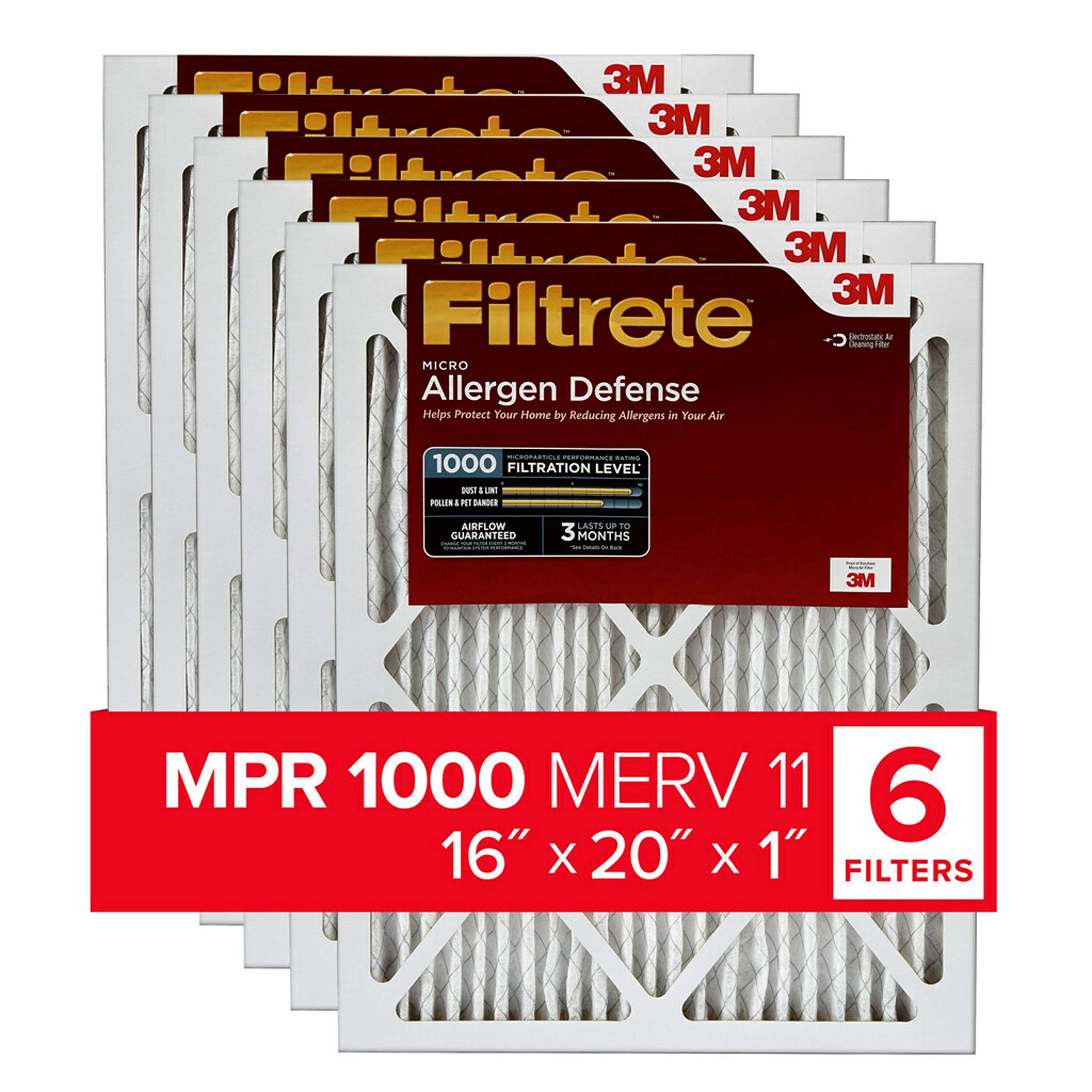Filtrete 16x20x1 空气过滤器 MPR 1000 MERV 11，过敏原防御，6 件装（精确尺寸 15.69x19.69x0.81）