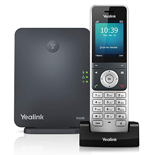 Yealink W60P 无绳 DECT IP 电话和基站，2.4 英寸彩色显示屏。 10/100 以太网、802.3af PoE、随附电源适配器