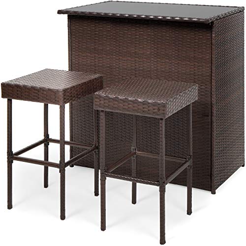 Best Choice Products 3件式全天候柳条桌，带露台，带2个凳子的后院，玻璃桌面-棕色...