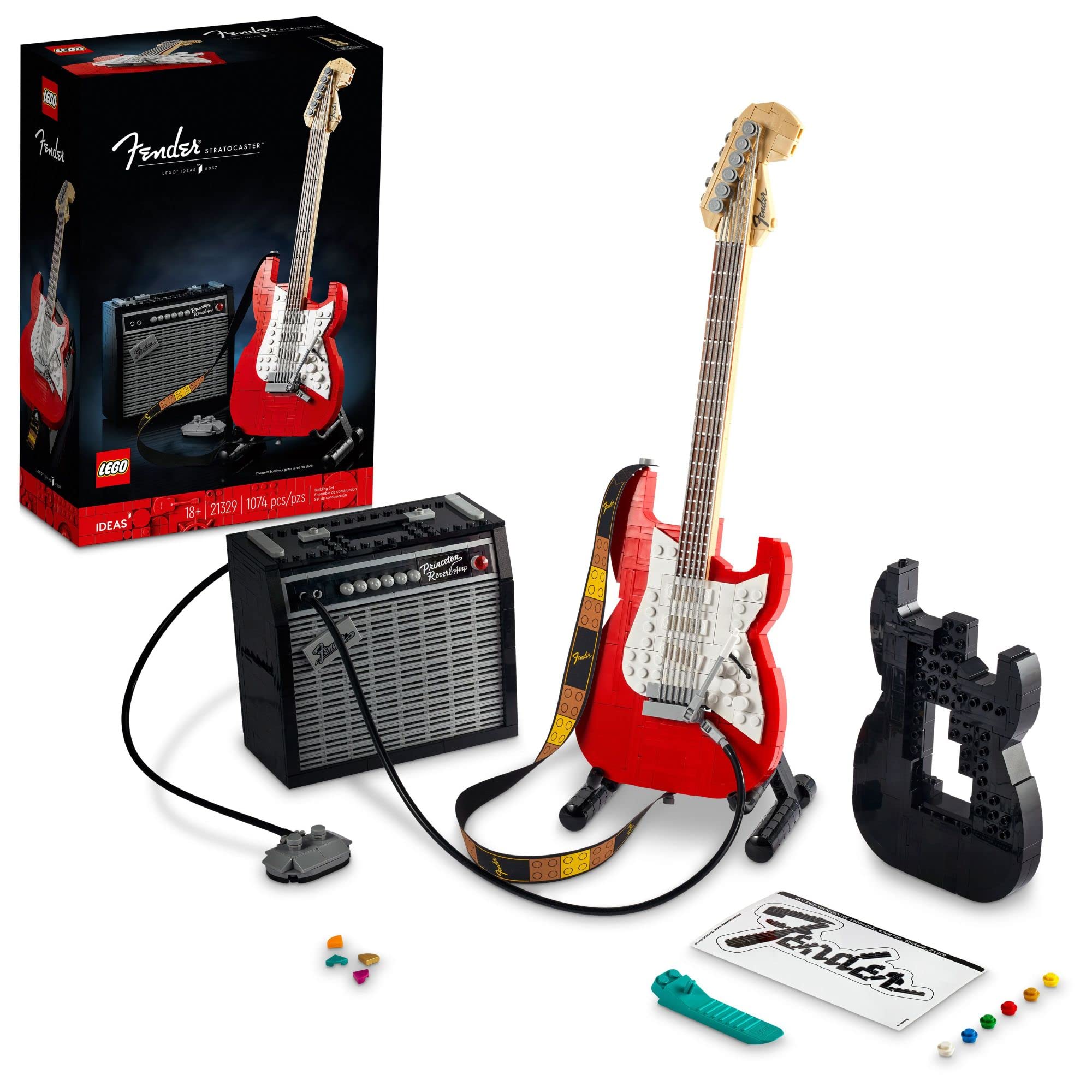 LEGO Fender Stratocaster 21329 DIY 吉他模型套装，适合音乐爱好者，送给儿子或女儿的父亲节摇滚礼物，65 Princeton 混响放大器和正品配件
