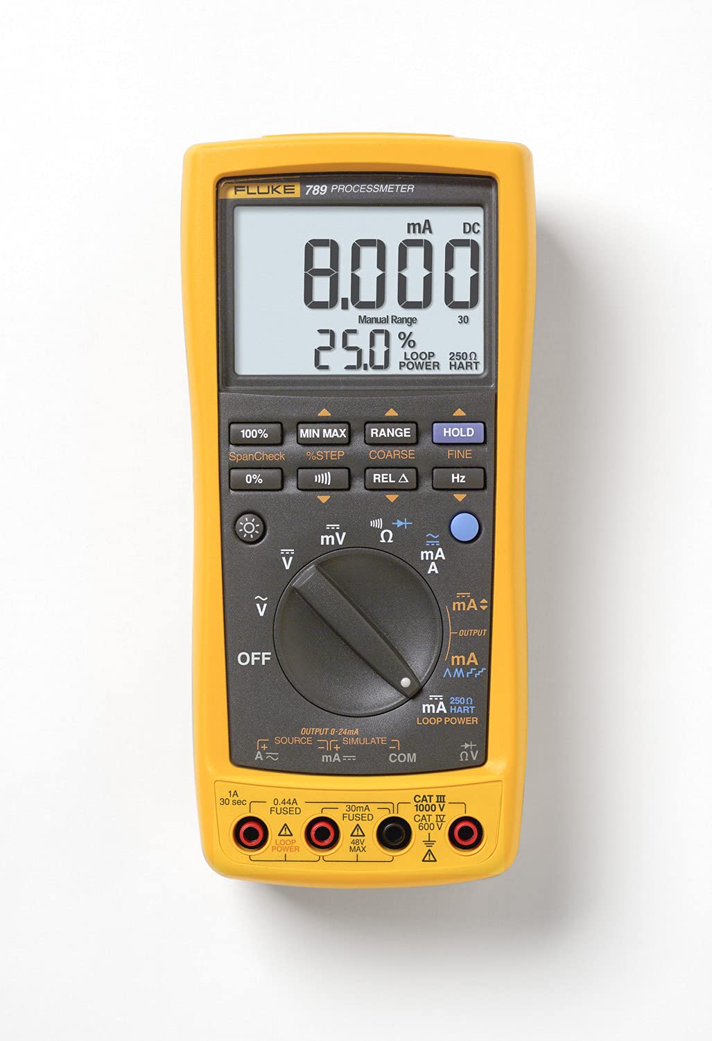 Fluke 789 ProcessMeter，包括标准 DMM 功能、测量、输出、模拟 4-20 mA 信号以及内置 24 V 回路电源