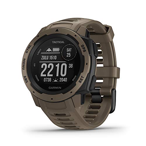 Garmin Instinct Tactical 坚固型 GPS 手表，具有战术特定功能，符合美国军用标准 810G，具有耐热、抗冲击和防水性能，棕褐色