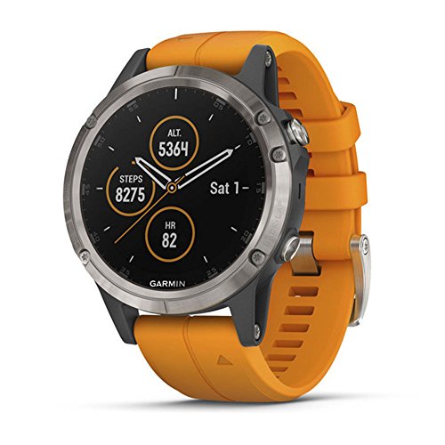 Garmin fenix 5 Plus Premium Multisport GPS Smartwatch，具有彩色地形图，心率监测，音乐和支付功能，钛金和橙色表带