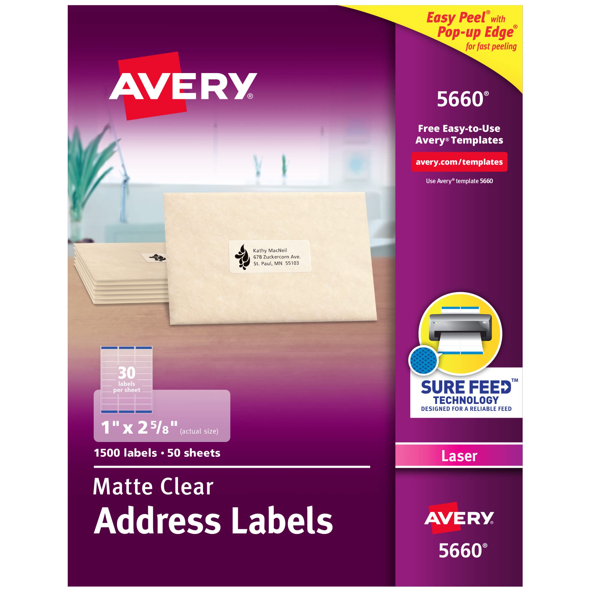 Avery 适用于激光打印机的透明易剥离地址标签 1'' x 2-5/8''