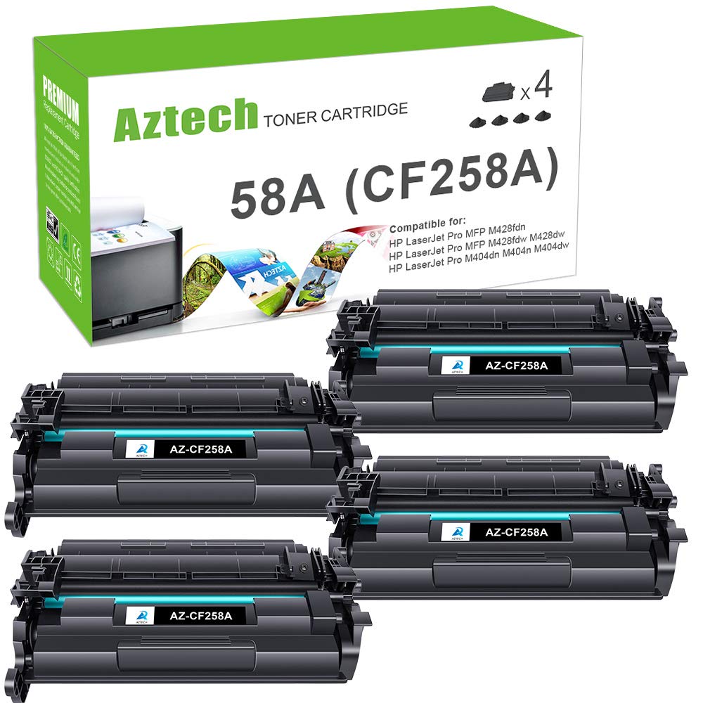 Aztech 兼容碳粉盒替换件适用于 HP 58A CF258A 58X CF258X Pro M404n M404dn MFP M428fdw M428dw M428fdn 打印机（黑色 4 件装）