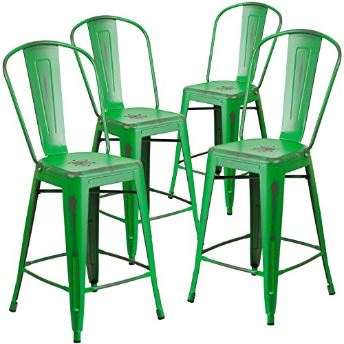 Flash Furniture 4包 24英寸带绿色高苦恼绿色金属室内外柜台高凳