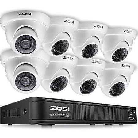  ZOSI 8通道720P高清视频安全系统，带有8个1200TVL防风子弹监控摄像机1TB硬盘，42个红外灯，120英尺（40m）夜视，带有免费应用程序的快速远程访问设置（...