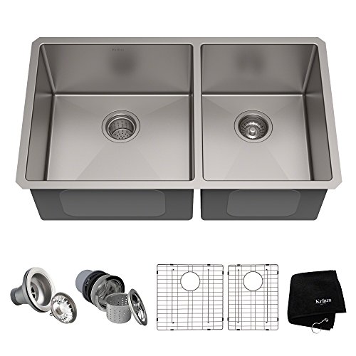 Kraus 标准 PRO 33 英寸 16 号台下式 60/40 双碗不锈钢厨房水槽，KHU103-33...