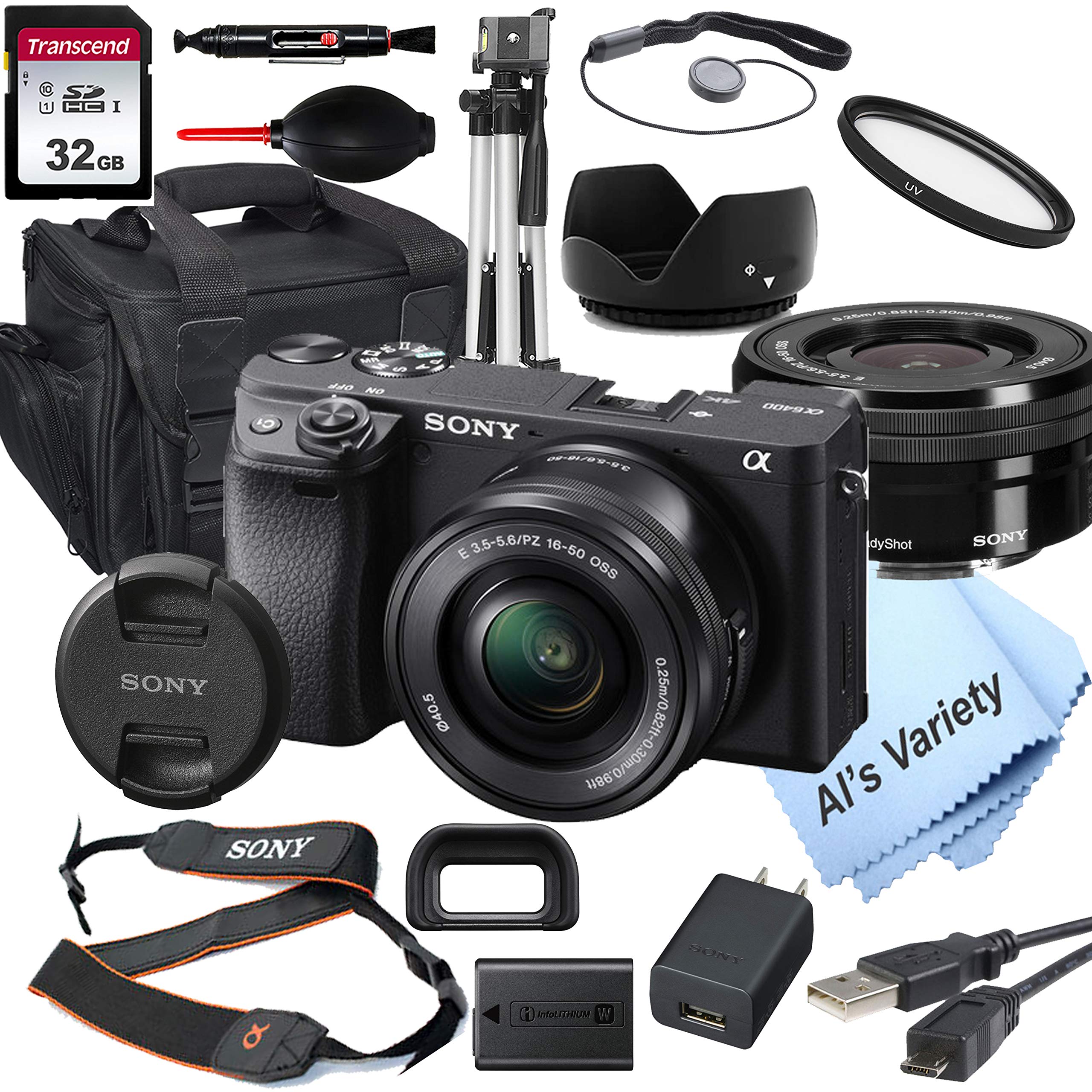 Sony Alpha a6400 无反光镜数码相机，带 16-50 毫米镜头 + 32GB 卡、三脚架、保护套等（18 件套）