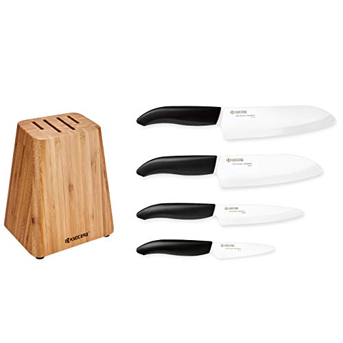 Kyocera 竹刀座套装：包括 4 槽竹刀座和 4 把高级陶瓷刀 -FK-黑柄/白刀片