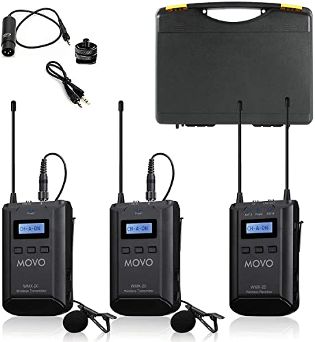 Movo WMX-20-DUO 48 通道 UHF 无线领夹式麦克风系统，带 1 个接收器、2 个发射器和 2...
