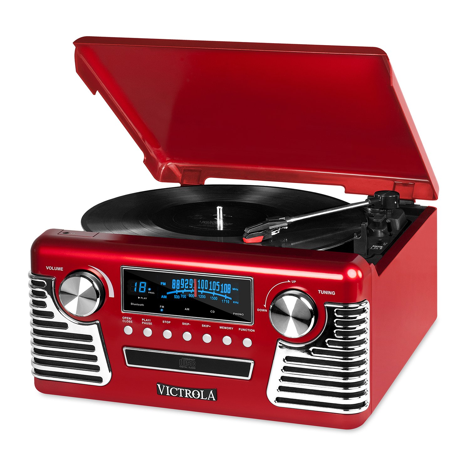 Innovative Technology Victrola 50's复古3速蓝牙转盘，带有立体声，CD播放器和扬声器，红色