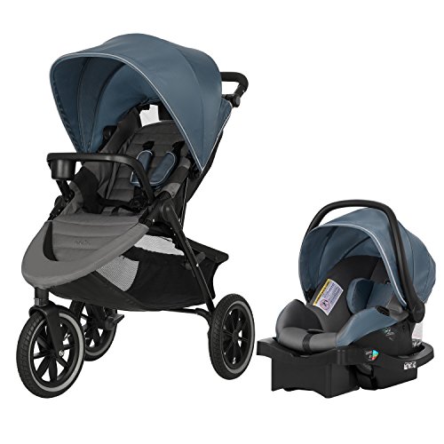Evenflo 带LiteMax 35的Folio3漫步和慢跑旅行系统，婴儿汽车座椅，多功能，超紧凑，自立式折叠设计，12？充气轮胎，前轮旋转锁，天蓝色