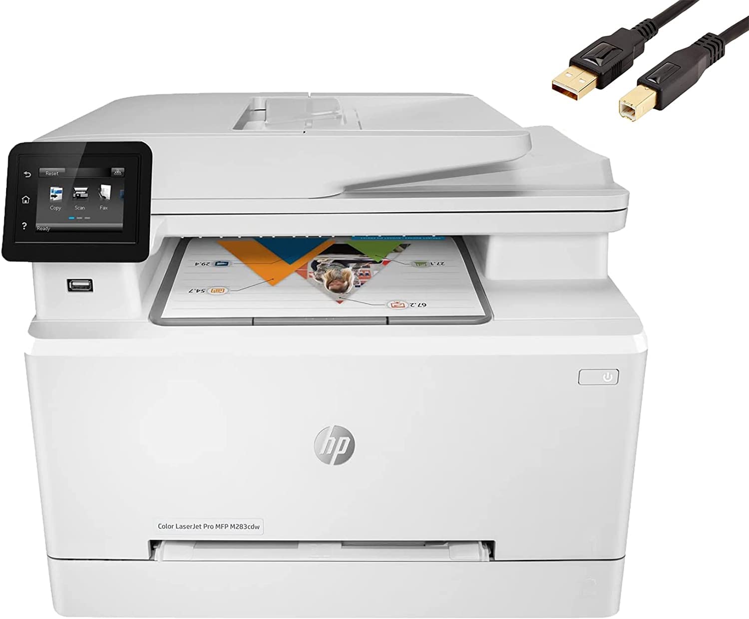  HP Color Laserjet Pro M283cdw 无线一体式激光打印机，260 页，22ppm，600x600DPI，自动双面打印，远程移动打印，打印扫描复印传真，白色，Durlyfish USB 打印机电缆...
