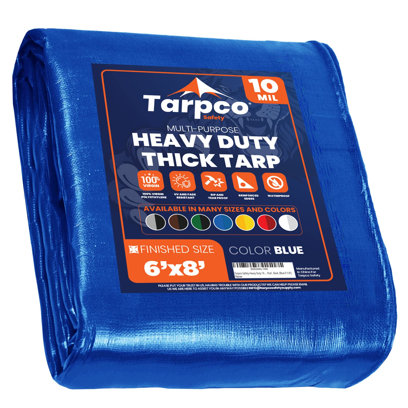 Tarpco Safety 重型防水布盖，防水、抗紫外线、防撕裂、边缘加固的聚乙烯防水布，适用于屋顶、露营、庭院、游泳池、船