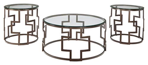 Ashley Furniture Ashley的签名设计-Frostine现代圆形三件式临时餐桌套装-包括鸡尾酒桌和2茶几，深色青铜饰面