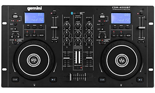 Gemini Sound Sound CDM-4000BT 独立蓝牙流媒体专业 DJ 双面板媒体播放器混音器 CD/CDR USB 播放 2 频段均衡器手动循环灵敏滚轮，XLR 输出，防震