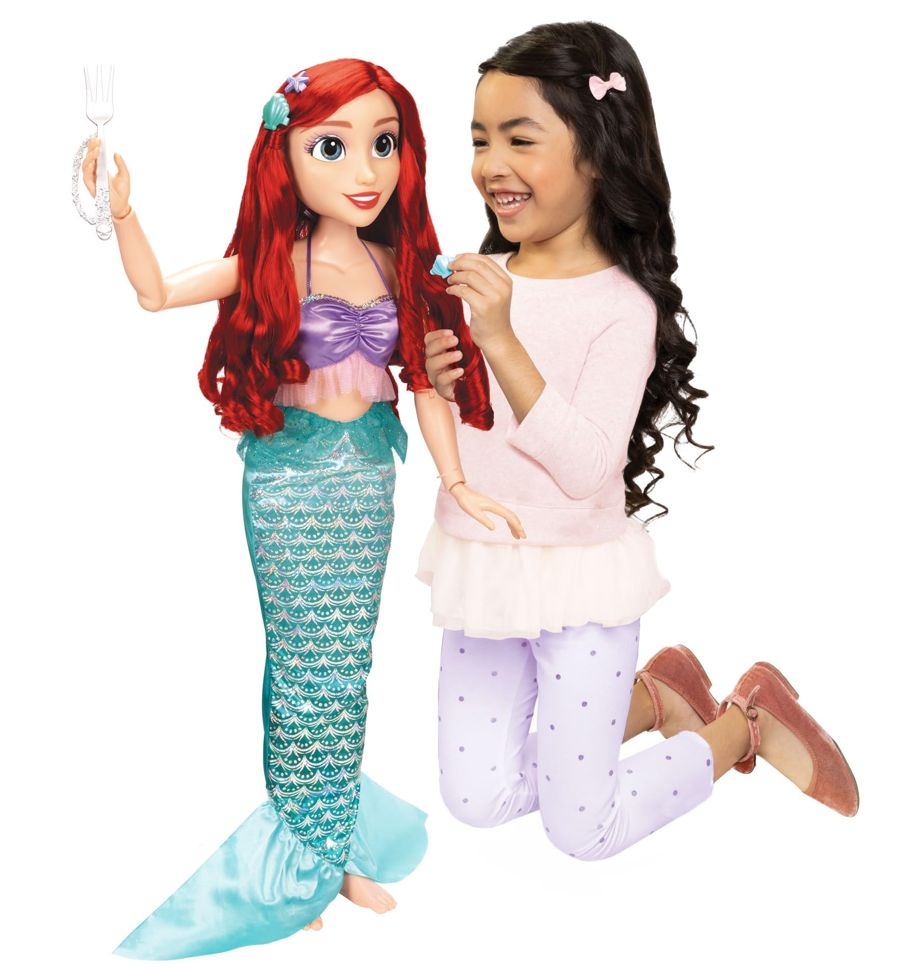 Disney Princess Ariel 娃娃我的尺寸 32 英寸高 Playdate Ariel 娃娃，长发飘逸，配有 Dinglehopper 发刷，迪士尼小美人鱼娃娃完全可摆姿势