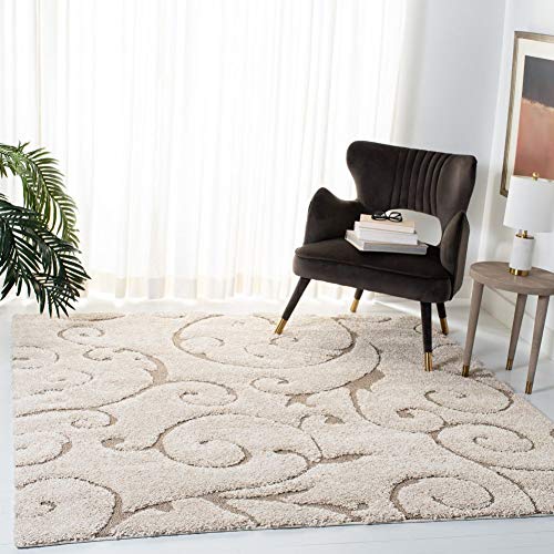 Safavieh Florida Shag Collection SG455-1113滚动式藤蔓奶油和米色优美的漩涡形方形地毯（9'方形）