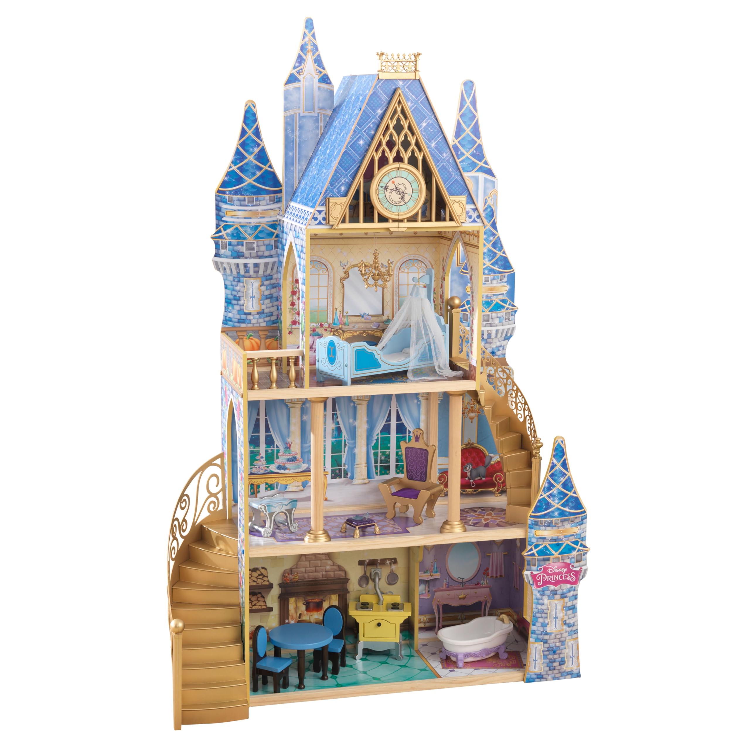 KidKraft 迪士尼公主灰姑娘皇家梦想木制城堡玩具屋，高 4 英尺以上，含 12 件，蓝色，适合 3 岁以上儿童的礼物