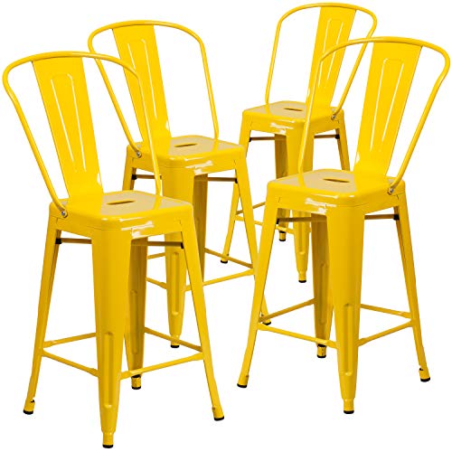 Flash Furniture 商业级4件装24'高黄色金属室内外柜台高凳，可移动背...