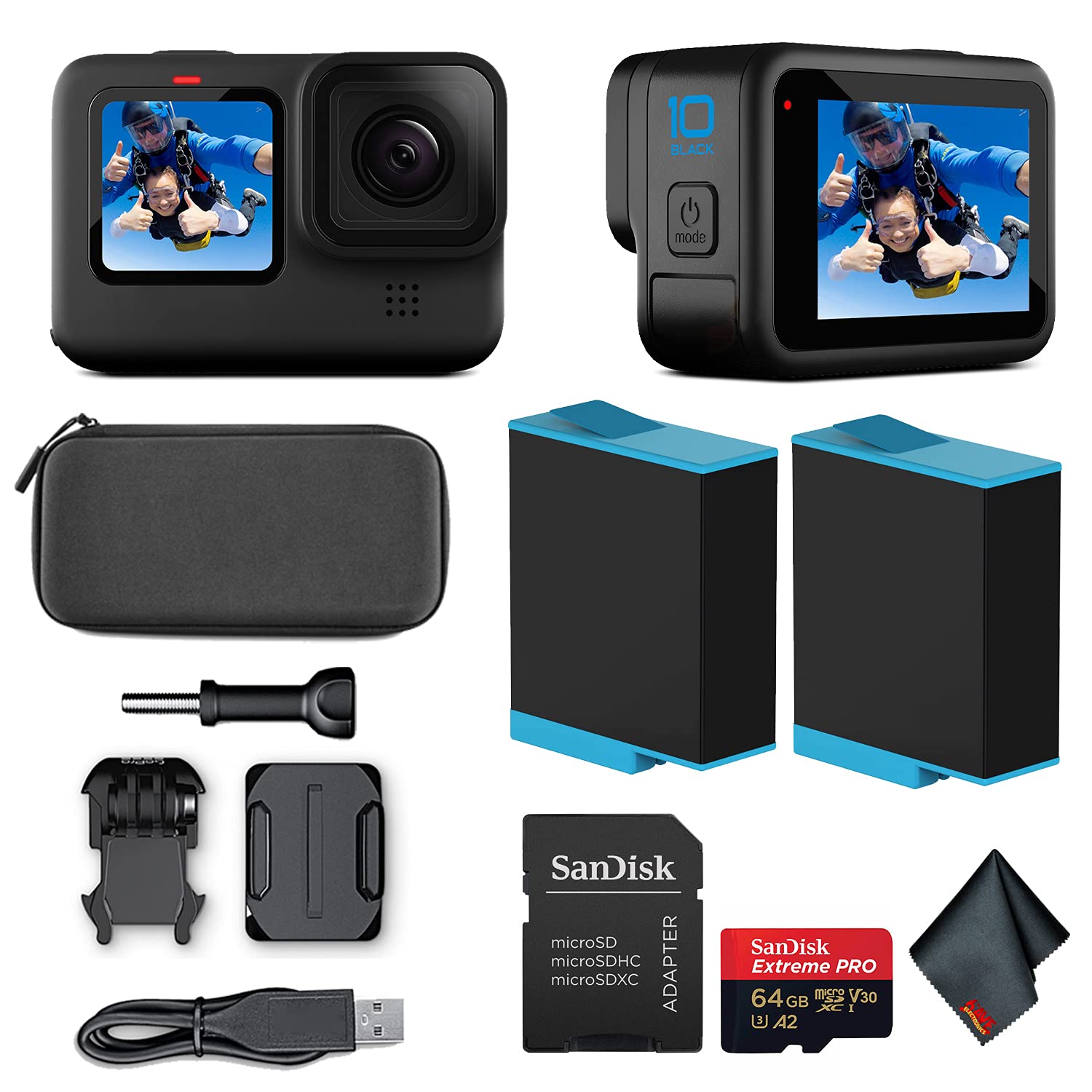 GoPro HERO10 Black (Hero 10) - 防水运动相机，带前置 LCD 和触摸后屏、全新 GP2 引擎、5K 高清视频、23MP 照片、实时流媒体、64GB Extreme Pro 卡和额外电池