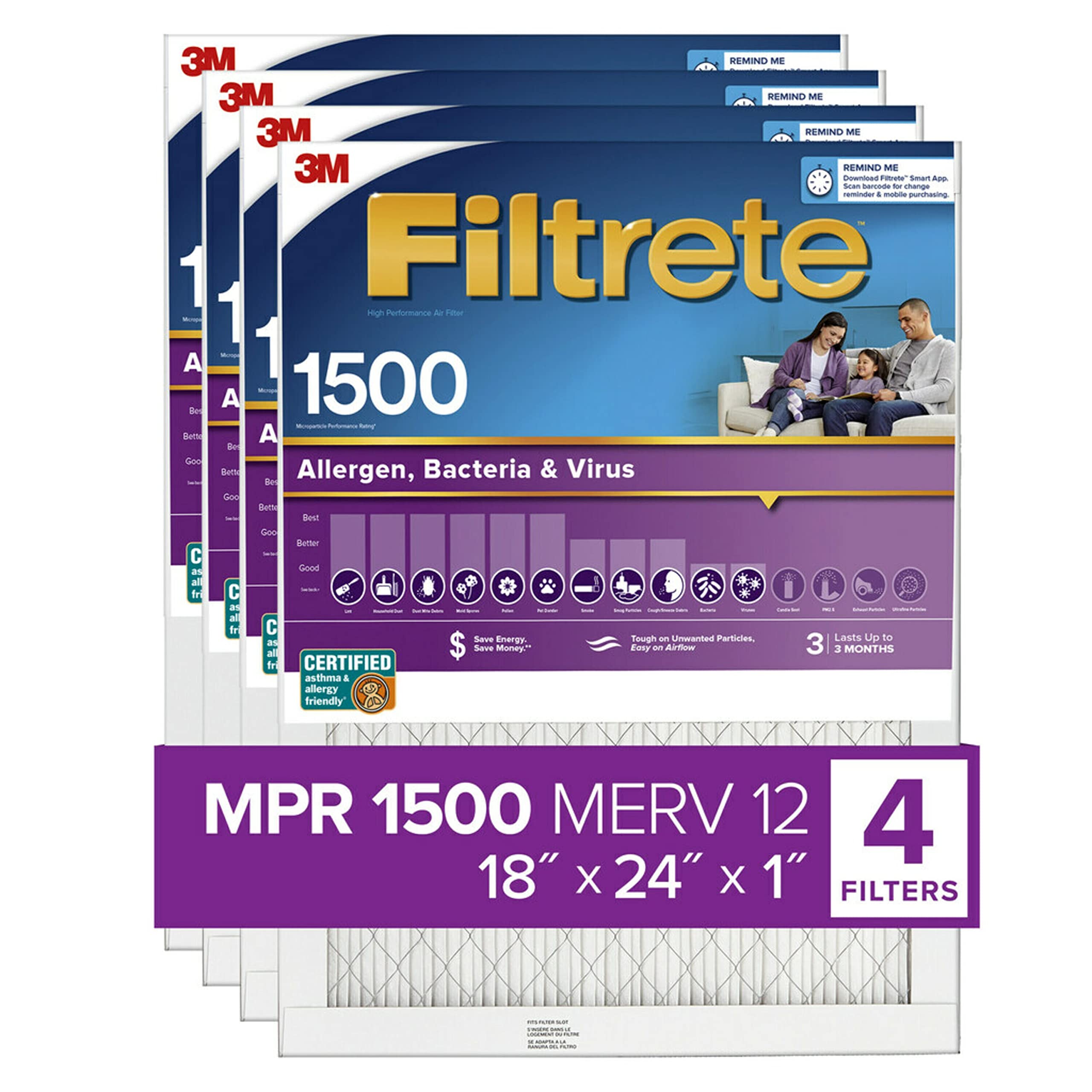 Filtrete 18x24x1 空气过滤器，MPR 1500，MERV 12，健康生活超过敏原 3 个月褶式 1 英寸空气过滤器，4 个过滤器