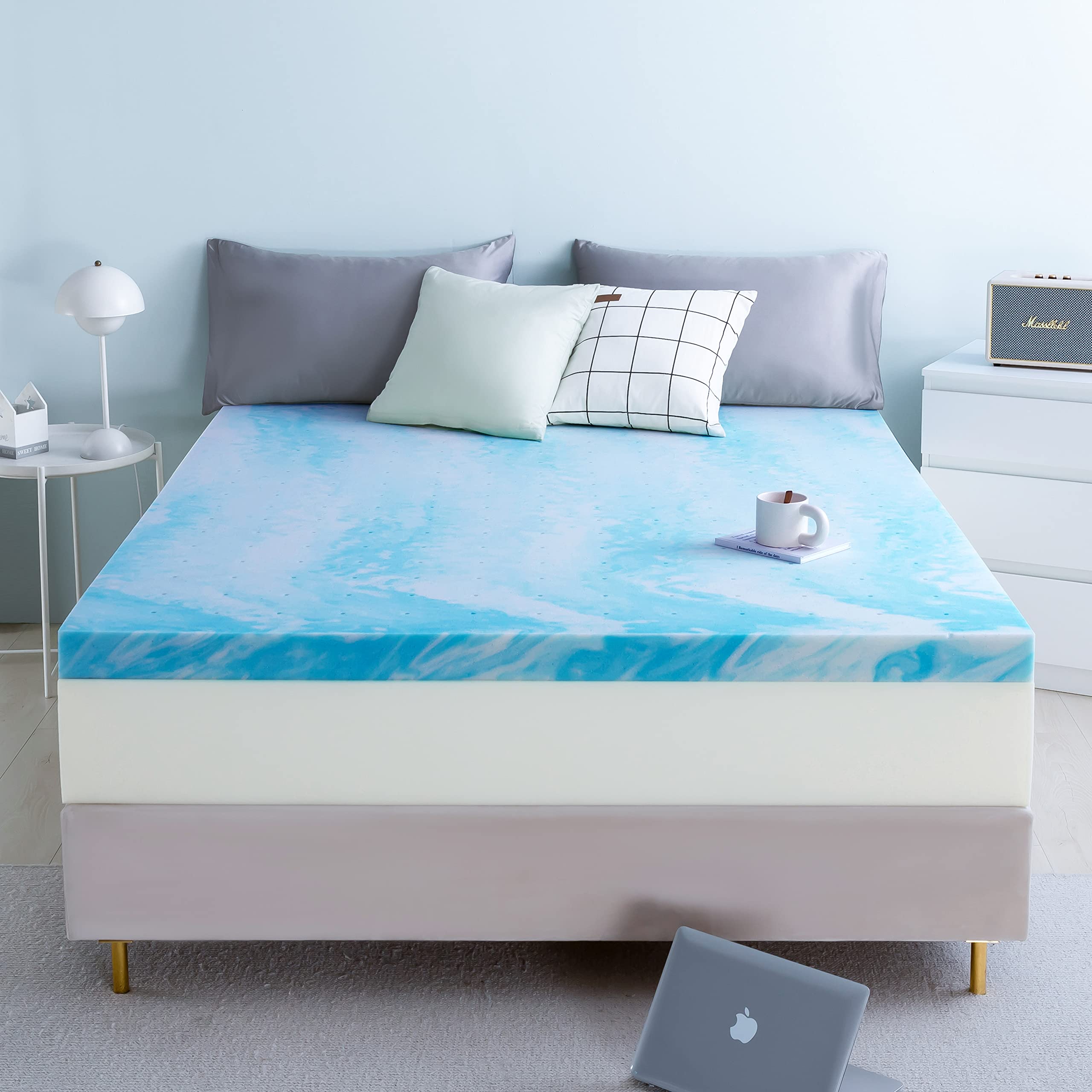 MLILY 双床垫罩 2 英寸记忆海绵床垫罩，带冷却凝胶注入，盒装床垫垫，CertiPUR-US 认证，38x75，蓝色