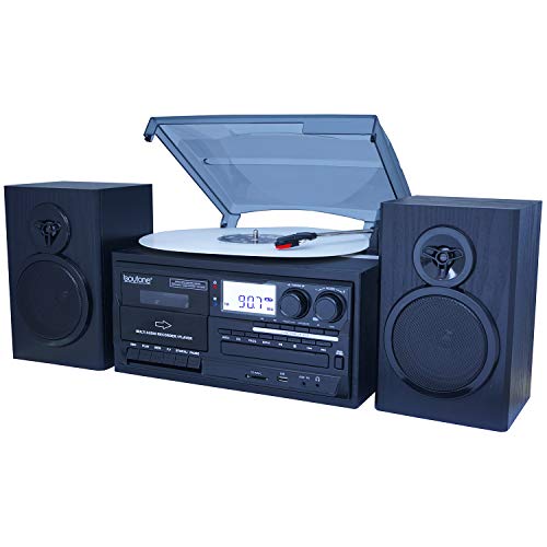  Boytone BT-28SPB，蓝牙经典风格电唱机转盘，带 AM/FM 收音机、盒式磁带播放器、CD 播放器、2 个独立立体声扬声器、黑胶唱片、收音机、盒式磁带转 MP3、SD...