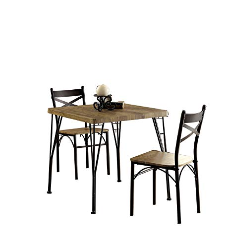 Benjara 工业风格 3 件餐桌套装，木质和金属材质，棕色和黑色...