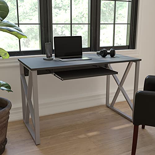 Flash Furniture 带拉出式键盘托盘和十字支撑框架的黑色电脑桌...