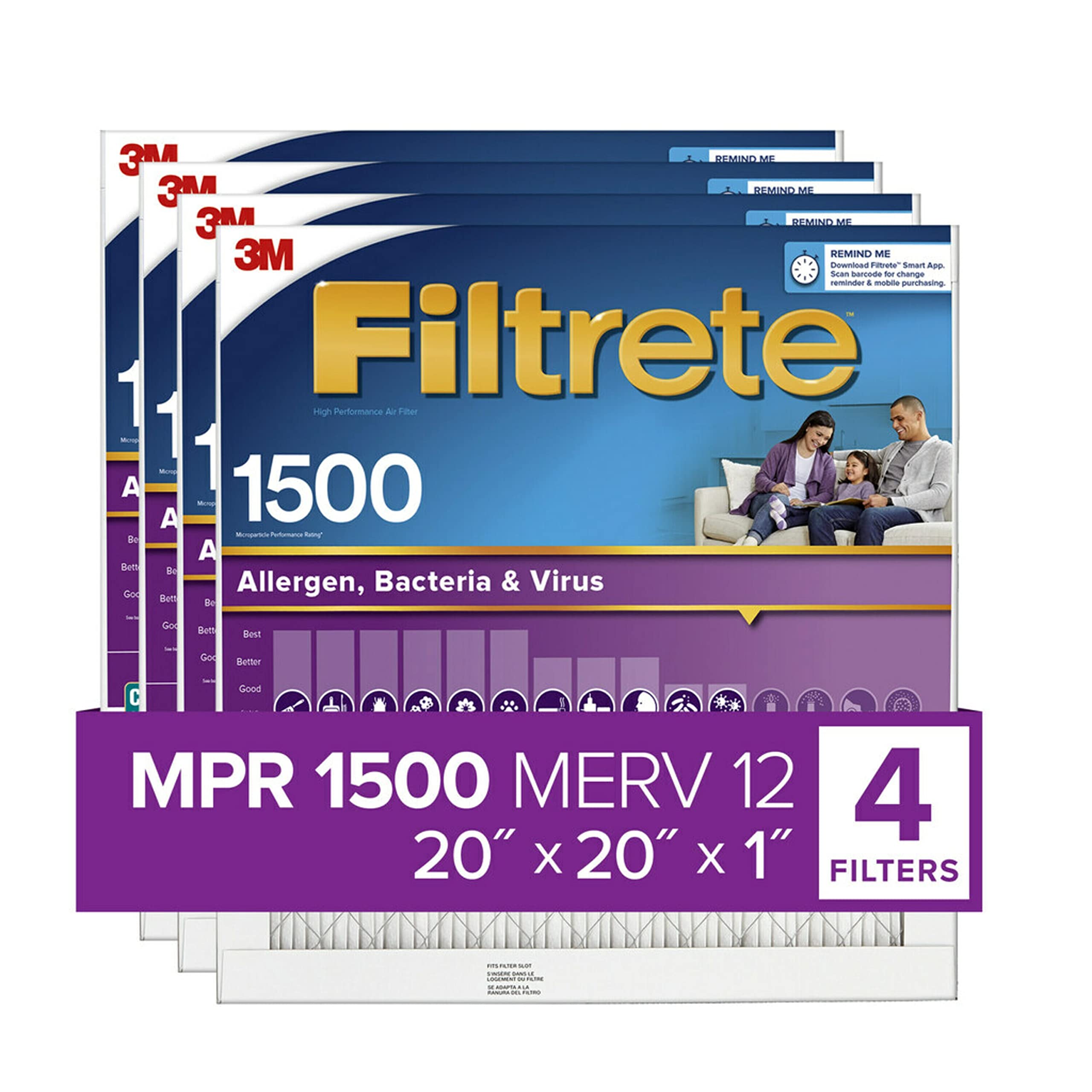 Filtrete 20x20x1 空气过滤器，MPR 1500，MERV 12，健康生活超过敏原 3 个月褶式 1 英寸空气过滤器，4 个过滤器