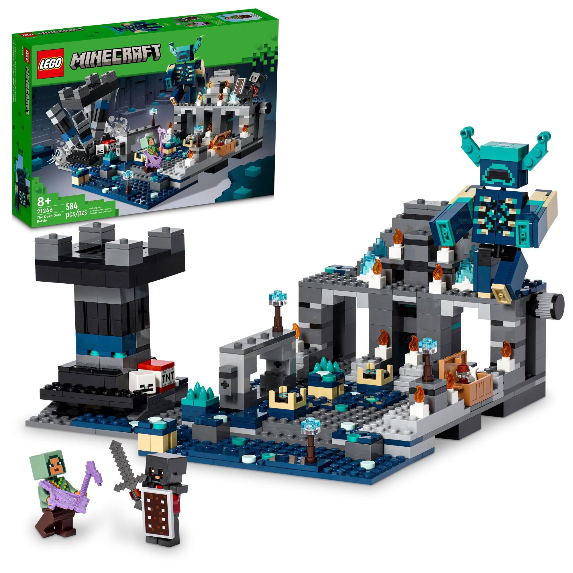 LEGO Minecraft 深暗战斗套装，21246 生物群落冒险玩具，带典狱长人偶的古城、爆炸塔和宝箱，适...