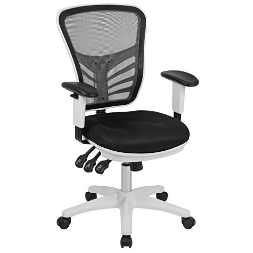 Flash Furniture 中背黑色网状多功能行政旋转人体工程学办公椅，带可调节扶手和白色框架