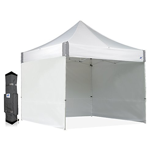 E-Z UP ES100S 即时商业顶篷，10' x 10'，带 3 个侧壁、1 个中拉链侧壁和 Wide-Trax 拉杆包，白色