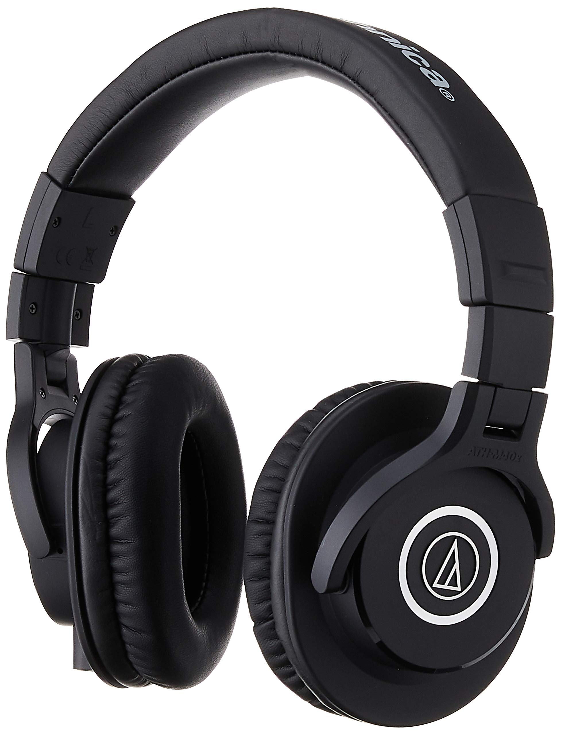 audio-technica ATH-M40x 专业录音室监听耳机，黑色，采用尖端工程设计，90 度旋转耳罩，专业级耳垫/头带，随附可拆卸线缆