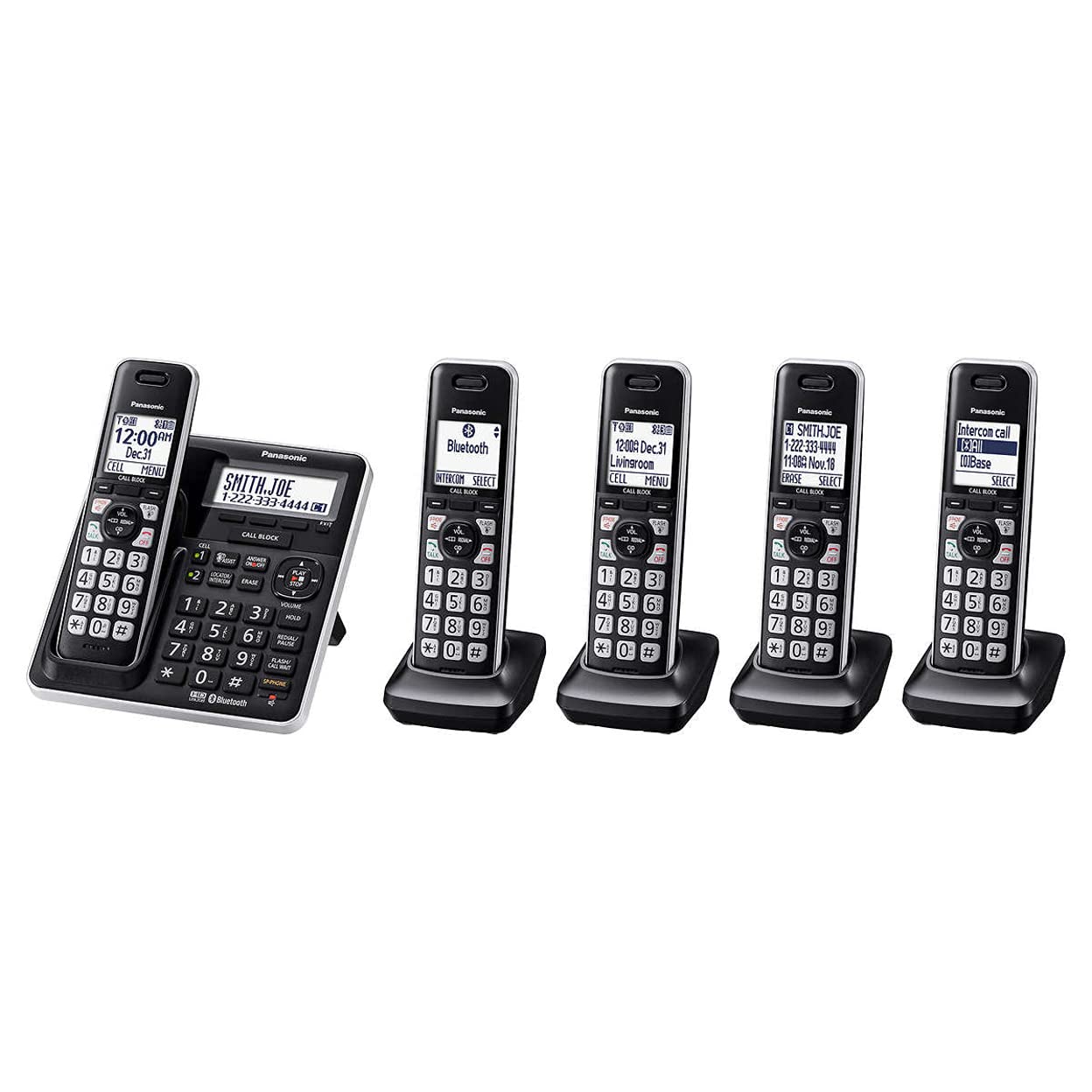 Panasonic KX-TG985 可扩展无绳电话系统 Link2Cell 蓝牙 - 5 部手机 DECT 6.0 蓝牙、语音助手、低电量警报、答录机、呼叫阻止、通话来电显示，黑色