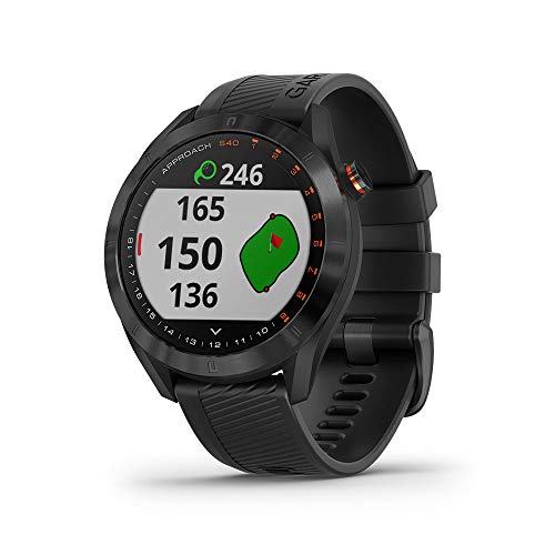 Garmin Approach S40，时尚的GPS高尔夫智能手表，轻巧，带触摸屏，黑色，010-02140-01，黑色不锈钢，黑色表带