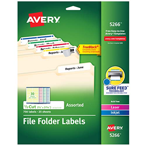 Avery 适用于采用 TrueBlock 技术的激光和喷墨打印机的各种颜色文件夹标签，0.67 x 3.43 英寸，每包 750 个 (5266)（包装可能有所不同）