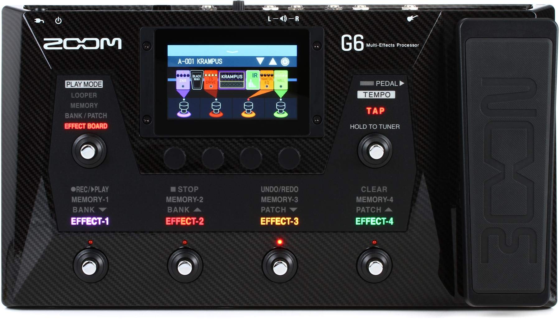 Zoom G6 吉他多重效果处理器，带表情踏板、触摸屏界面、100 多种内置效果、放大器建模、IR、循环器和用于直接录制到计算机的音频接口