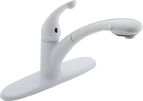 Delta Faucet 特色单把手厨房水槽水龙头，带拉出式喷雾器，白色 470-WH-DST