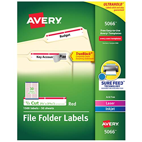 Avery 适用于采用 TrueBlock 技术的激光和喷墨打印机的红色文件夹标签，2/3 x 3-7/16 英寸，每盒 1500 个 (5066)