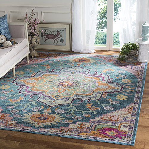 Safavieh Crystal Collection CRS501T Boho Chic复古苦恼区地毯，9'方形，蓝绿色/玫瑰色