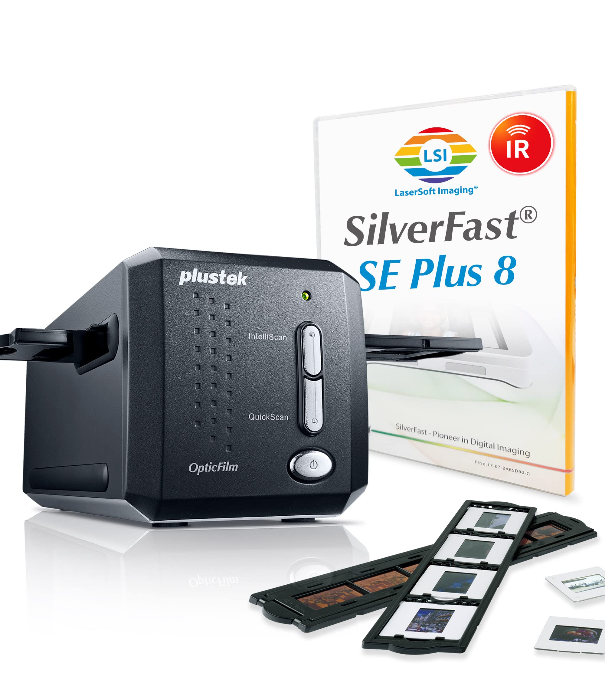 Plustek OpticFilm 8200i SE，35 毫米胶片和幻灯片扫描仪。 7200 dpi / 48 位输出。集成红外除尘/划痕去除。捆绑 Silverfast SE Plus 8.8，支持 Mac 和 PC。