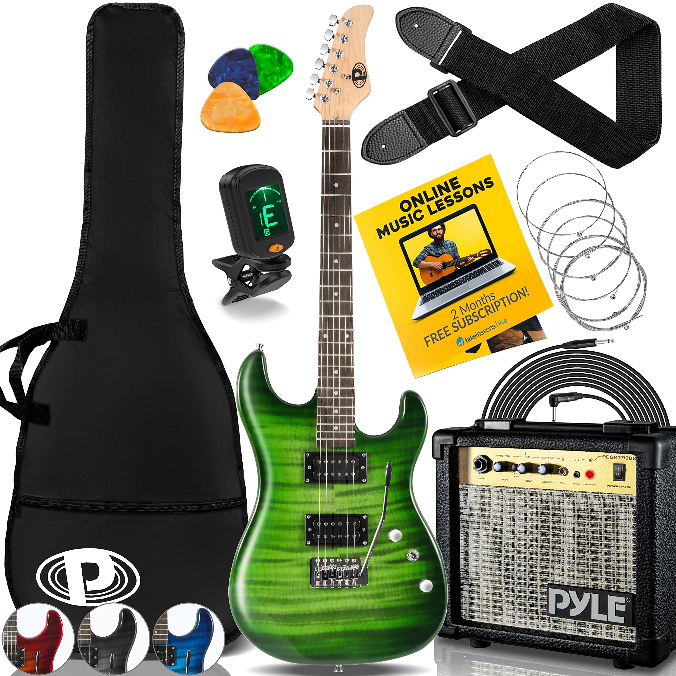 Pyle 带放大器的初学者电吉他套件 - 入门套件全尺寸 39 英寸乐器套装，带双线圈拾音器和摇滚放大器入门套装适合所有年龄段的儿童、青少年和成人
